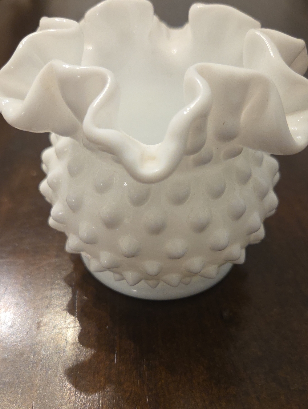 Vintage Fenton Style Art Glass White Ruffled Hobnail Milk Glass Vase